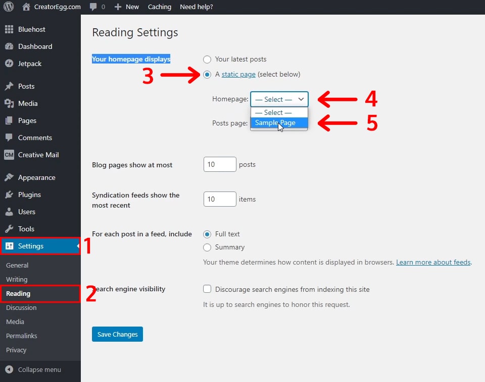 change wordpress homepage to static page