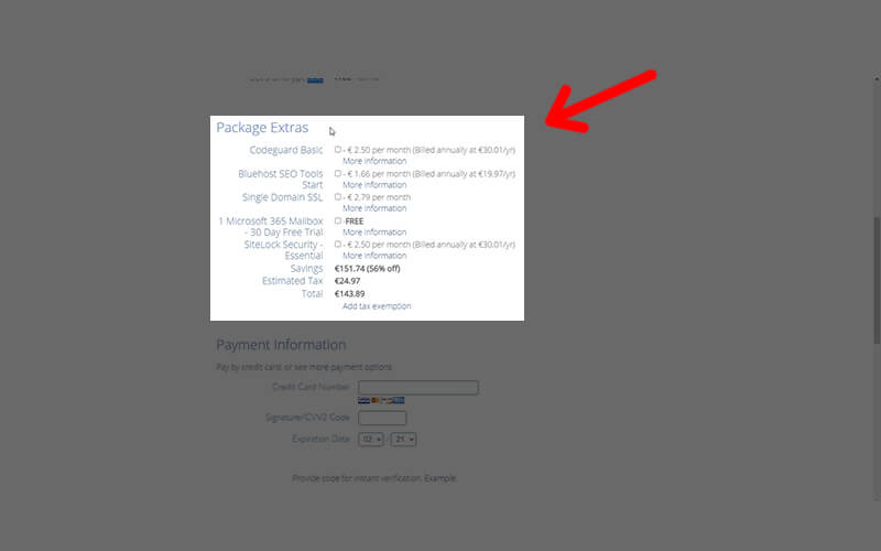 bluehost package extras
