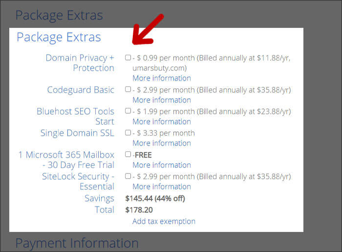 Unchecked bluehost package extras