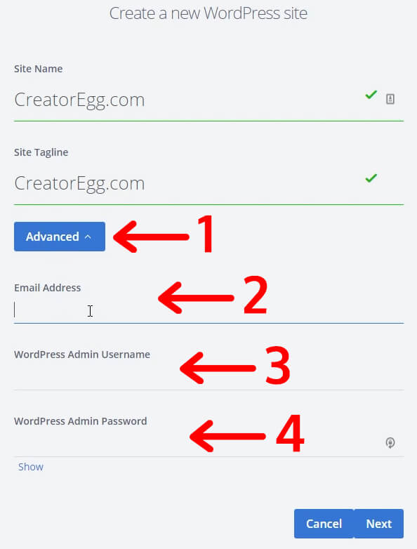 create email address and wordpress admin username and password