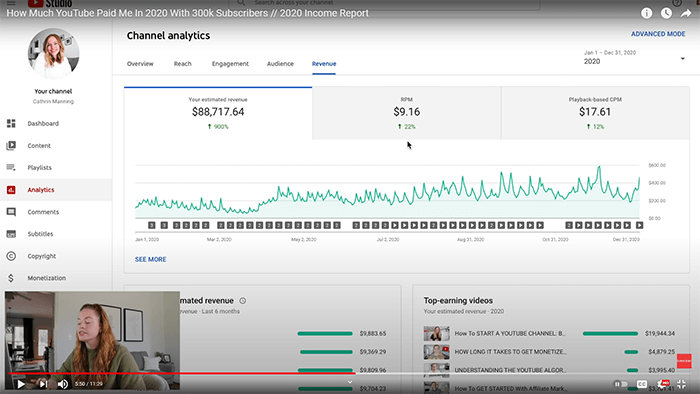 how much RPM CPM Cathrin Manning made on YouTube in 2020