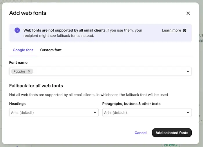 Available fonts in Brevo in the newsletter editor