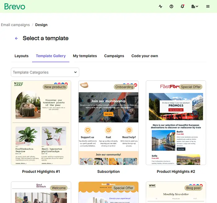 Brevo offers 54 pre-designed email templates