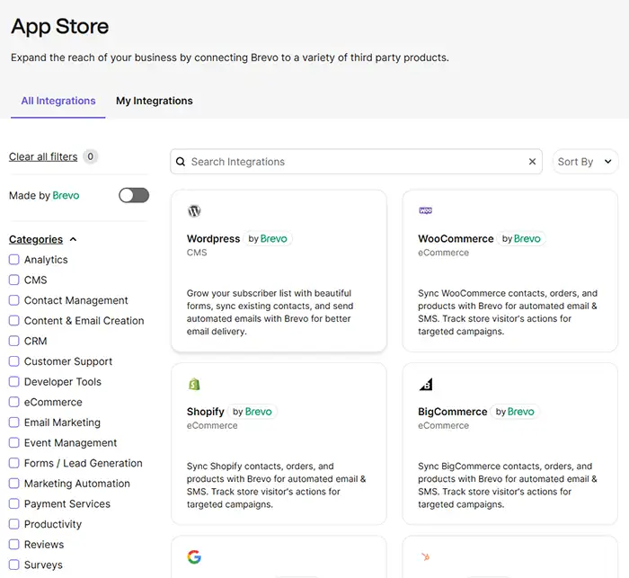 Brevo offers 66 Integrations