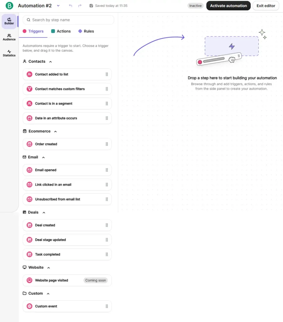 Starting an automation in Brevo - Automation triggers