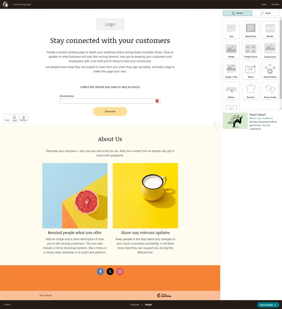 Mailchimp - landing page builder