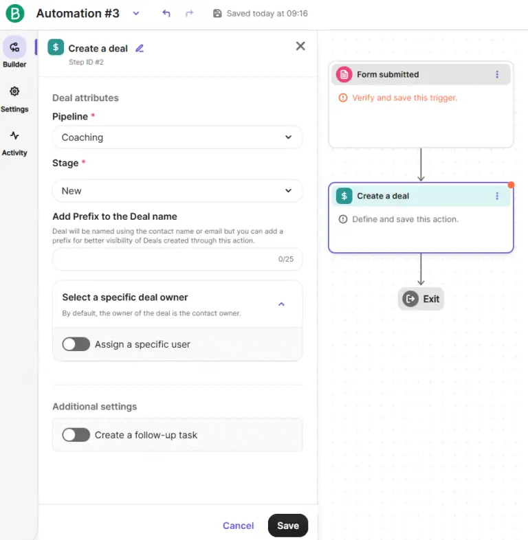 automatically creating deals in brevo
