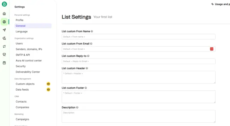 brevo email list settings