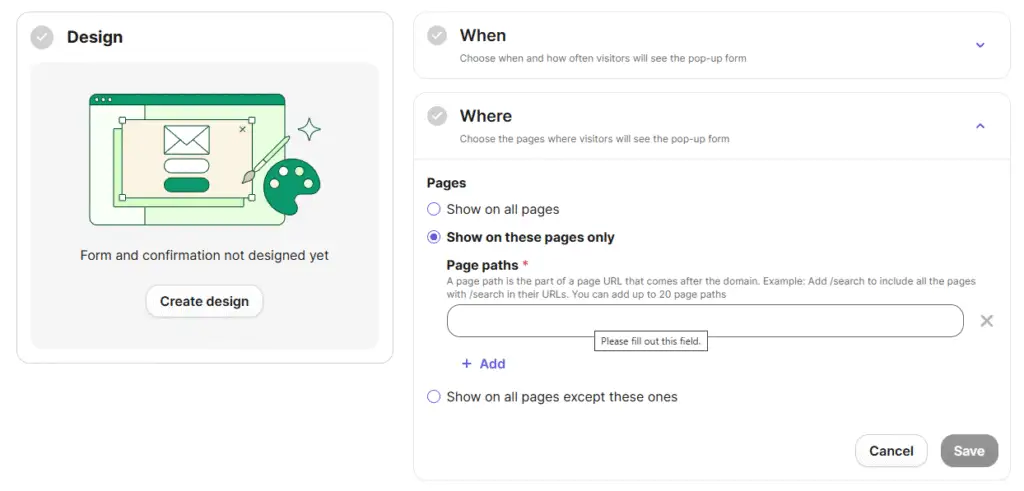 brevo popup exclude specific pages