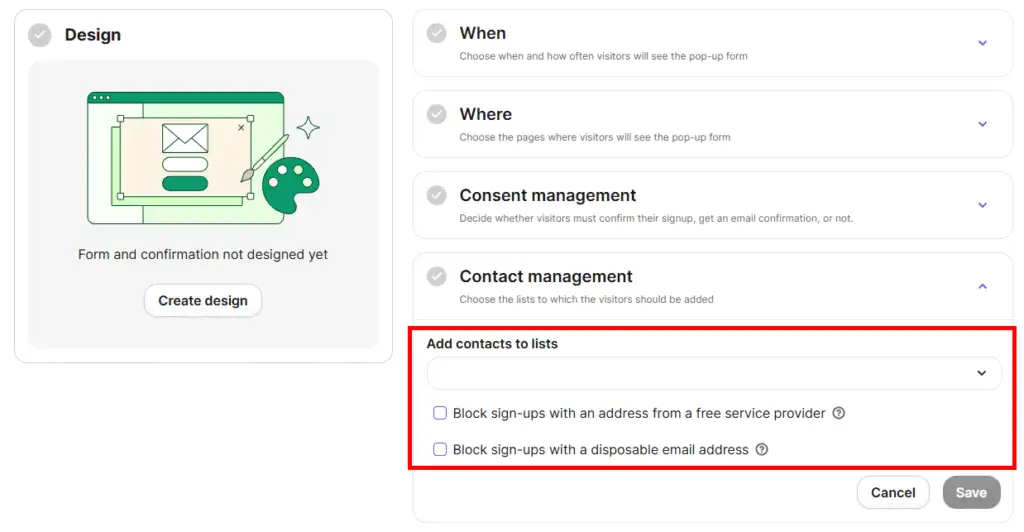 brevo popup settings restrict sign-ups